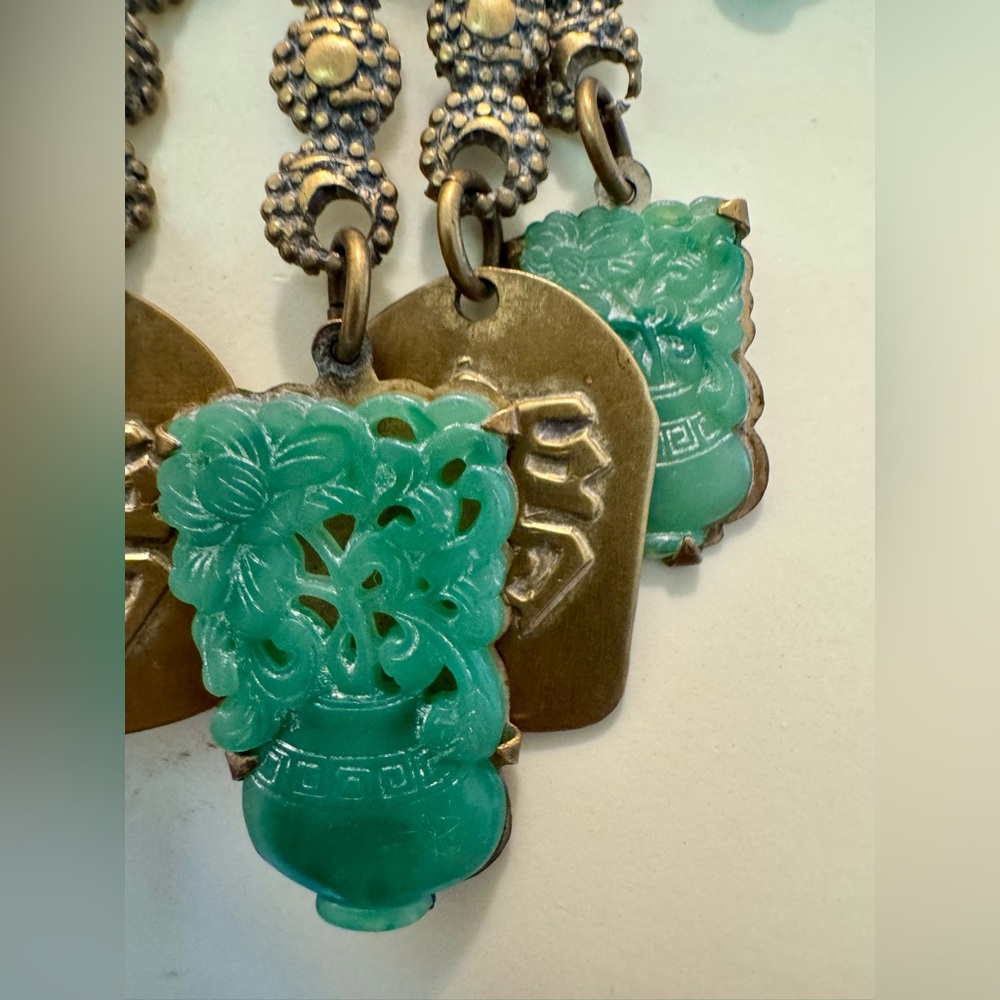 Antique 1930s Art Deco revival asian brass Buddha multi~charm faux jade festoon - Picture 6 of 13